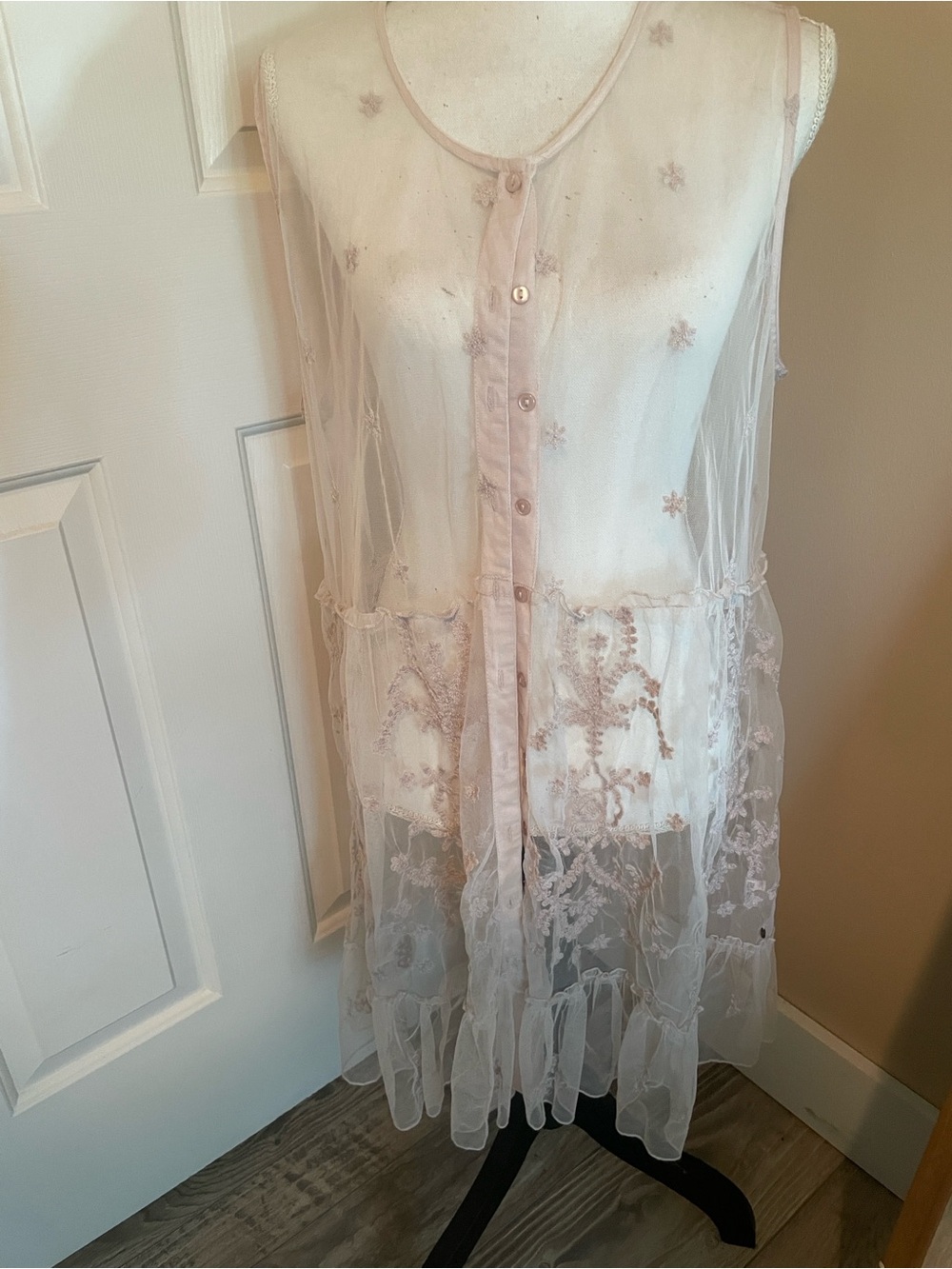 JBL Sheer Pale Pink Embroidered Button-Front Overlay